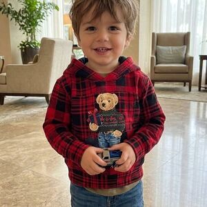 Polo Ralph Lauren Polo Bear Red & Black Plaid Fleece Hoodie Size 2T